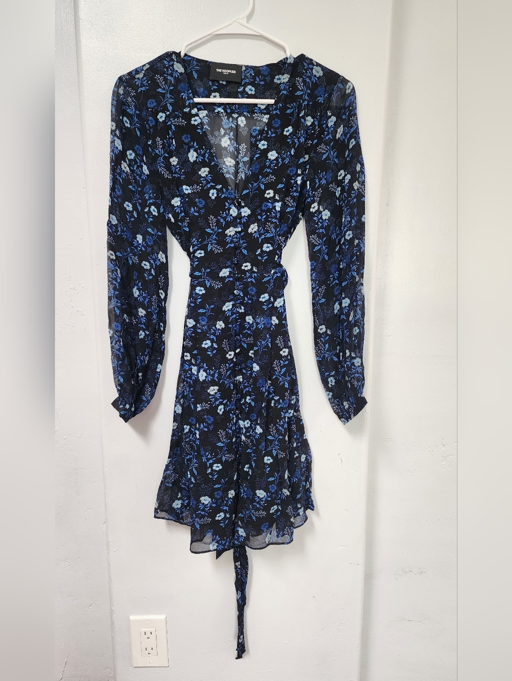 The Kooples Black and Blue Poppy Print Floral Long-Sleeve Dress